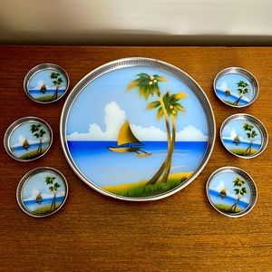 Vintage Art Deco Tiki Tray/Coaster Set